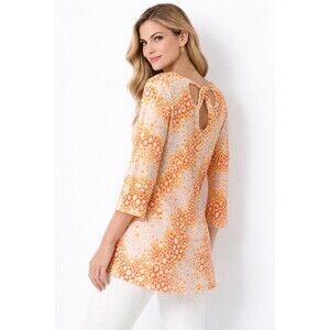 Chico’s Size 2 L Orange Boho Tunic Top 3/4 Sleeve Keyhole Back Resort Vacation